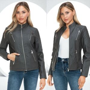 Charcoal Gray Faux Leather Zip Up Mock Neck Jacket XL NWT - Snobbish